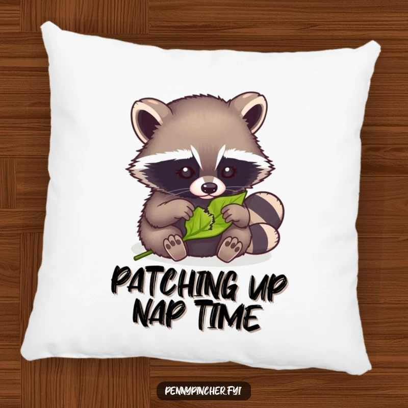 Funny pillow with a clever raccoon meticulously mending a tiny torn leaf, a cute and charming design.