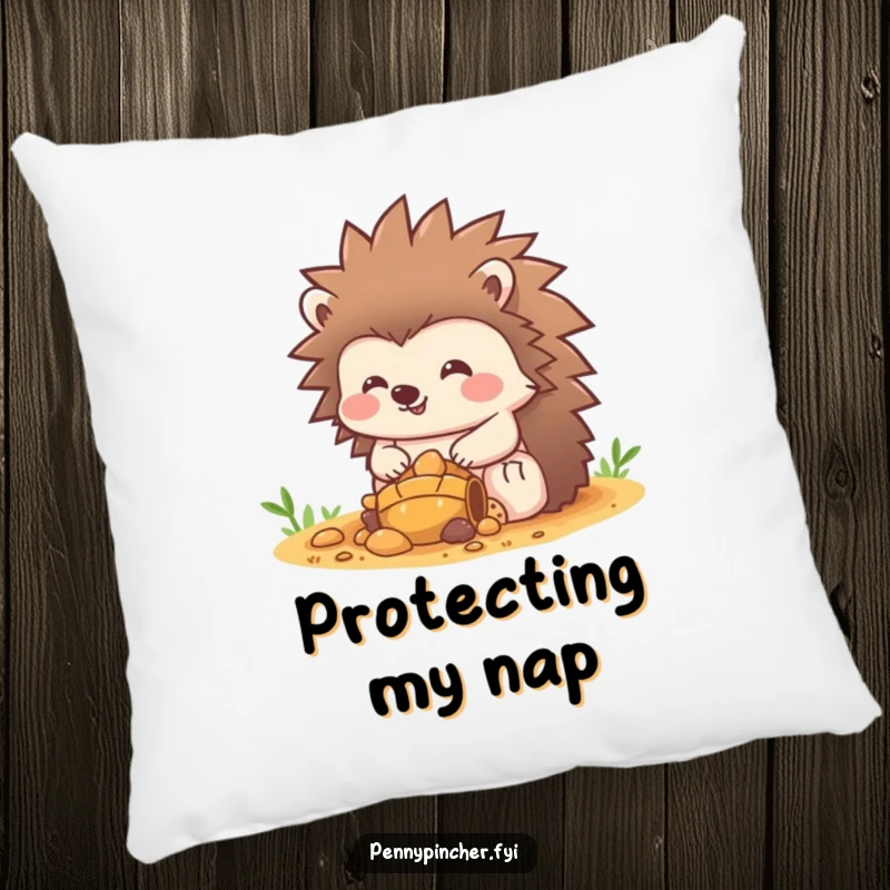 Funny Hedgehog Pillow: A content hedgehog character sits proudly beside a pile of treasure, radiating warmth and humor. A cozy funny gift!