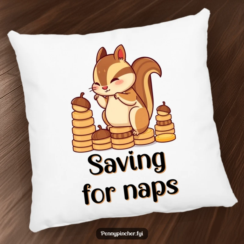 Funny chipmunk character pillow, diligently stacking coin-shaped acorns, offering plush comfort and a humorous nod to financial prudence.