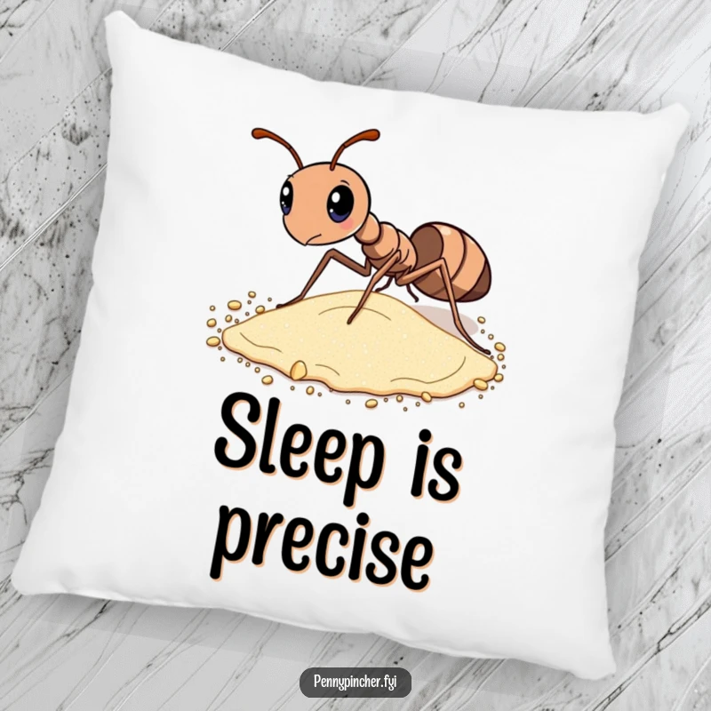 Funny pillow featuring a diligent ant meticulously sorting grains of sand, combining comfort with a humorous message.