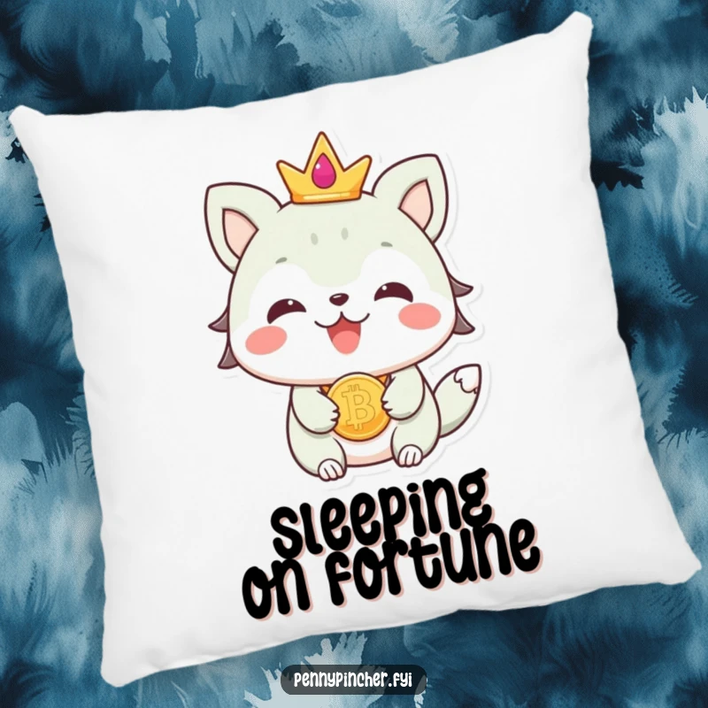 Funny beaming animal character wearing a coin as jewelry, featured on a soft and cozy decorative pillow.