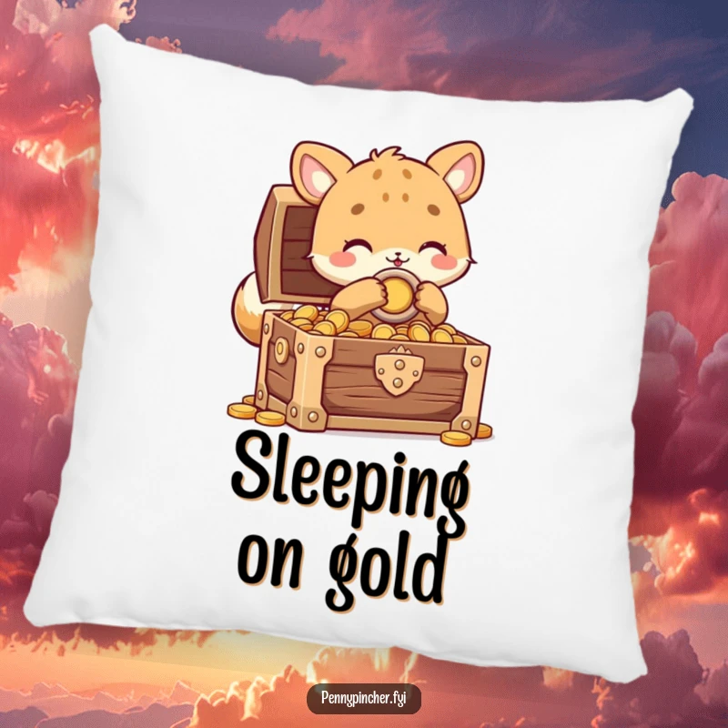 Funny animal character pillow with a creature carefully locking a treasure chest full of coins, offering humorous comfort and secure charm.