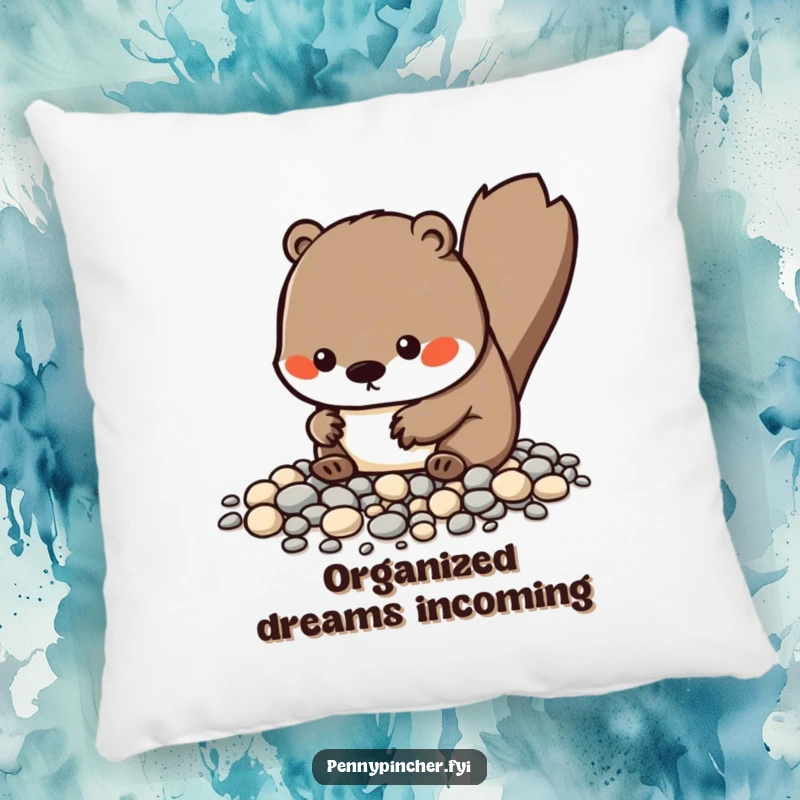 Funny Kawaii beaver pillow featuring a character meticulously organizing tiny pebbles, offering plush comfort and a humorous, tidy design.