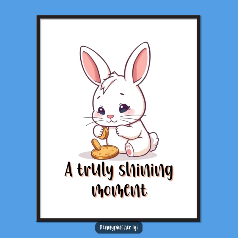 Funny Determined Rabbit Polishing Penny Digital Art Print: Humorous Decor for Ambitious Spaces
