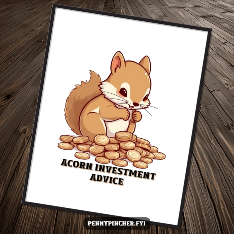 Funny Digital Art Print of a determined squirrel focused on counting a pile of shiny pennies.