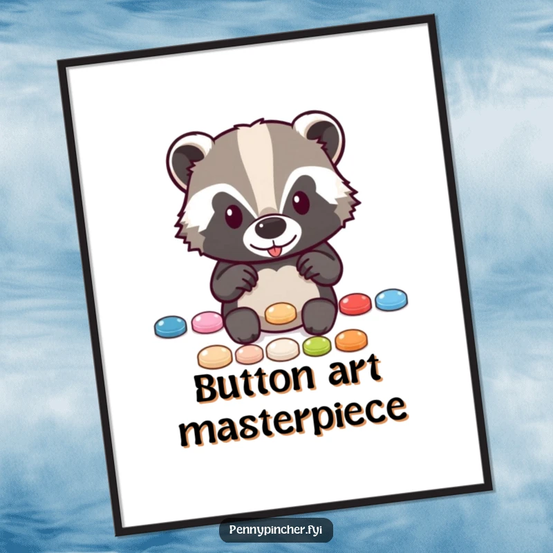 Funny digital art print of a diligent badger character organizing a neat row of shiny buttons, perfect wall decor.