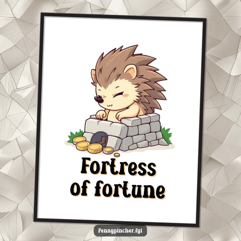 Funny determined hedgehog building a small coin fortress, a downloadable digital art print for inspiration.