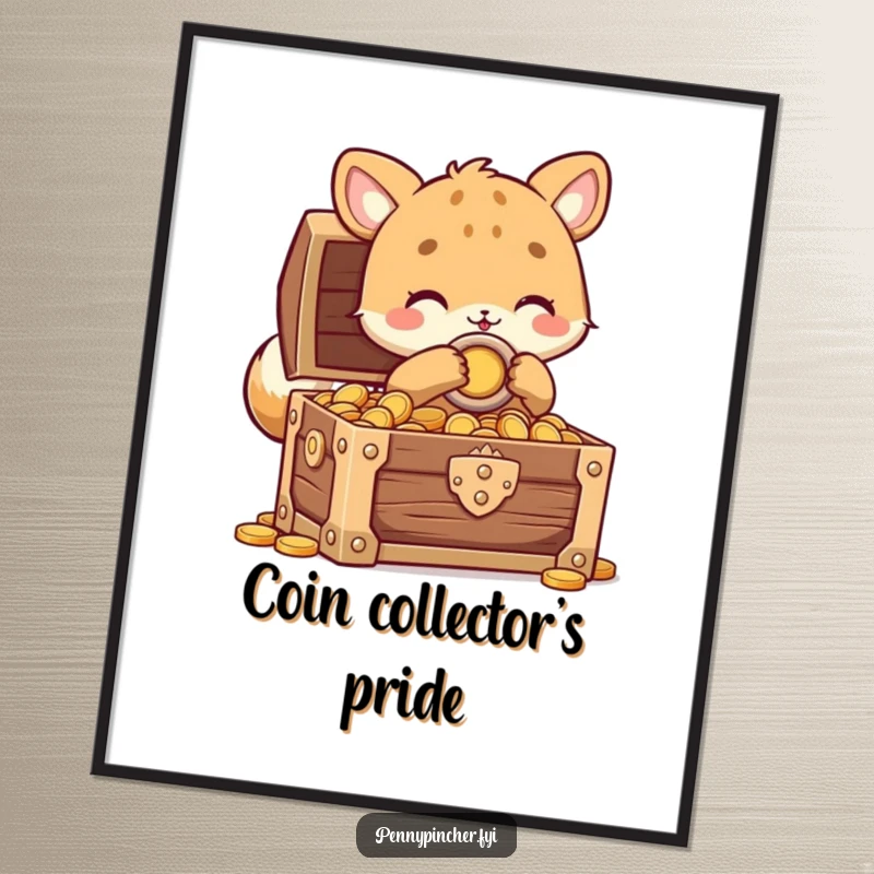 Funny animal character digital art print of a creature carefully locking a treasure chest full of coins, perfect for humorous decor.