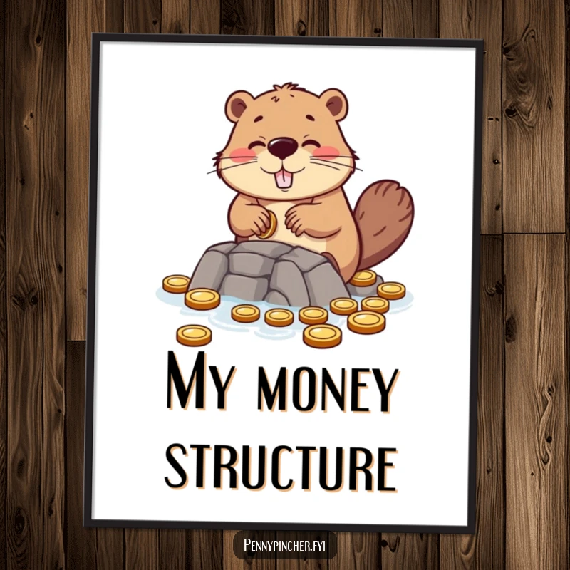 Funny digital art print of a hopeful beaver character building a dam using small coins, symbolizing perseverance and resourcefulness.