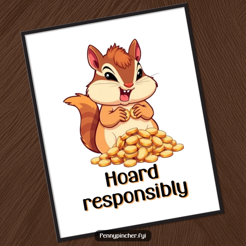 Funny determined chipmunk character digital art print, hoarding coins, exuding ambition and focused humor.