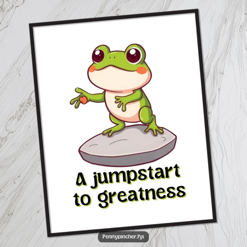 Funny digital art print of a clever frog character using a large coin as a stepping stone, conveying a humorous sense of resourcefulness and achievement.
