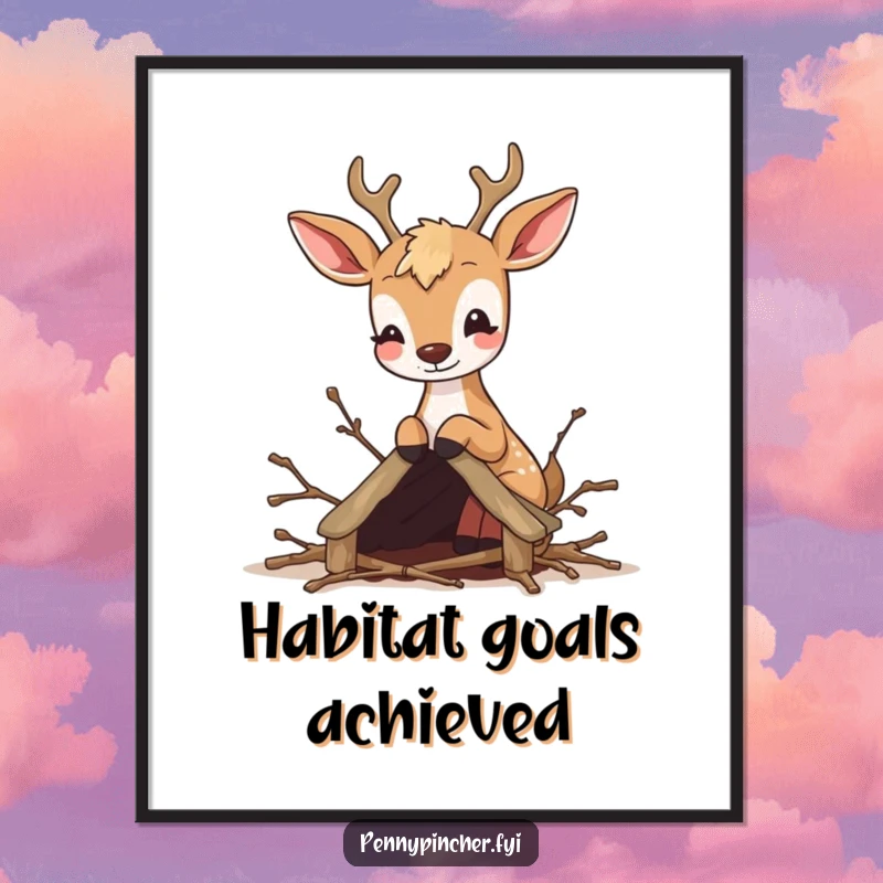 Funny digital art print of a bouncy deer meticulously crafting a miniature shelter from twigs, a delightful illustration.