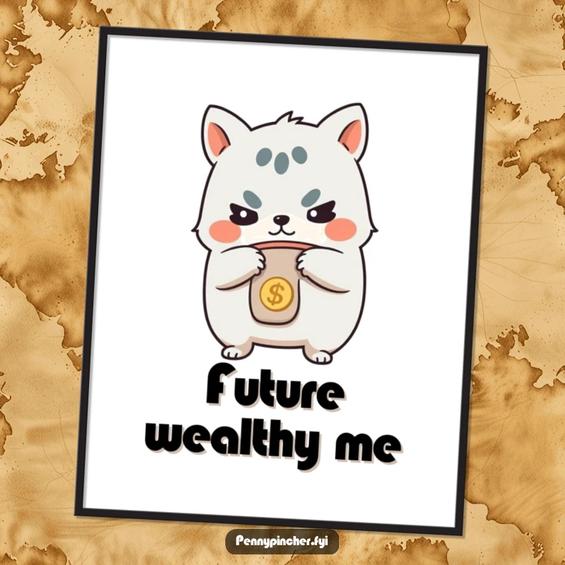 Funny digital art print, determined animal character guarding a coin purse, a humorous illustration of financial control for printable decor.