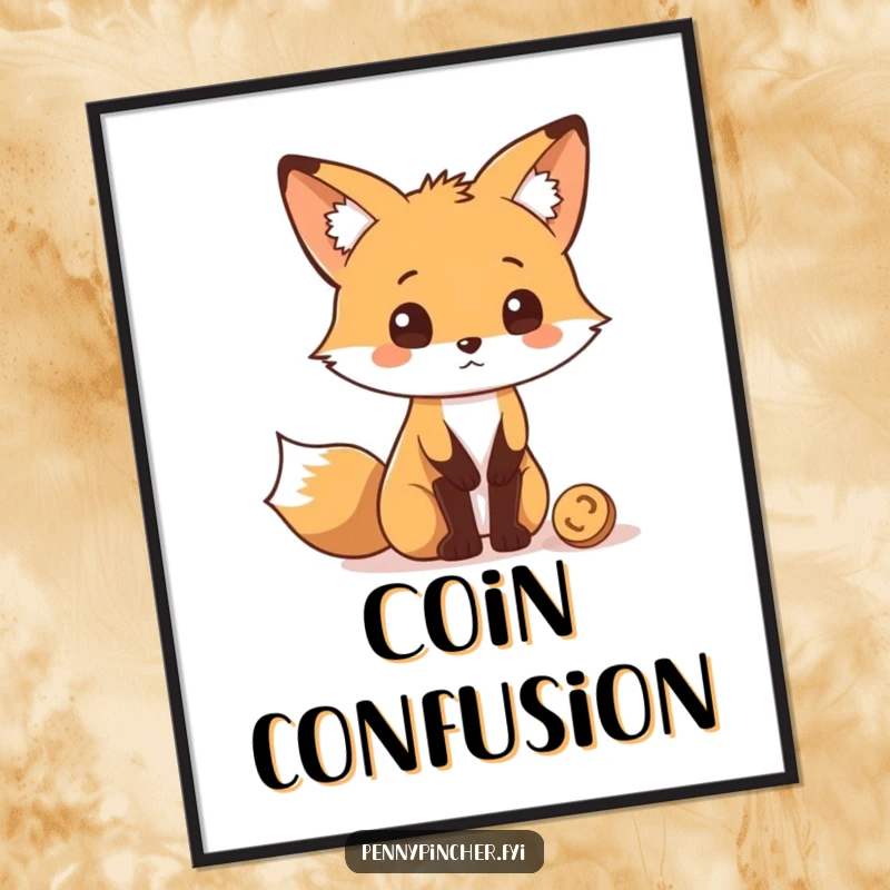 Funny Digital Art Print of a fox character looking quizzically at a single coin, symbolizing curiosity and thought.