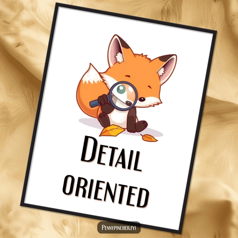 Funny digital art print of a focused fox using a magnifying glass to examine a fallen leaf, ready to print.