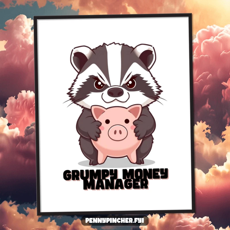 Funny digital art print of a grumpy badger character with crossed arms, fiercely guarding a tiny piggy bank.