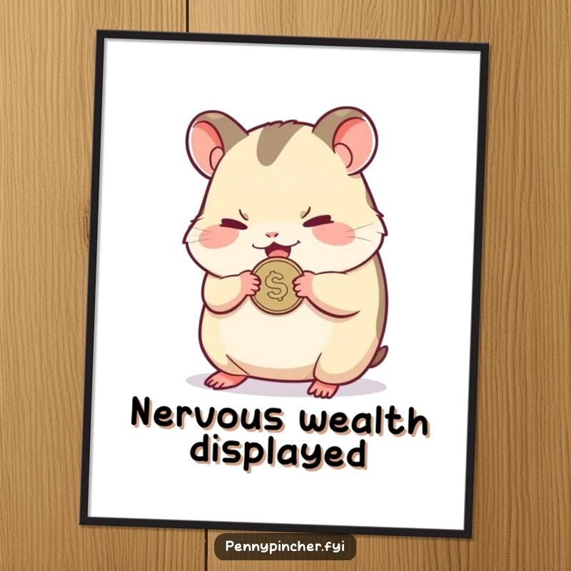 Funny digital art print of a small hamster character nervously clutching a single shiny coin, embodying cautious fun.
