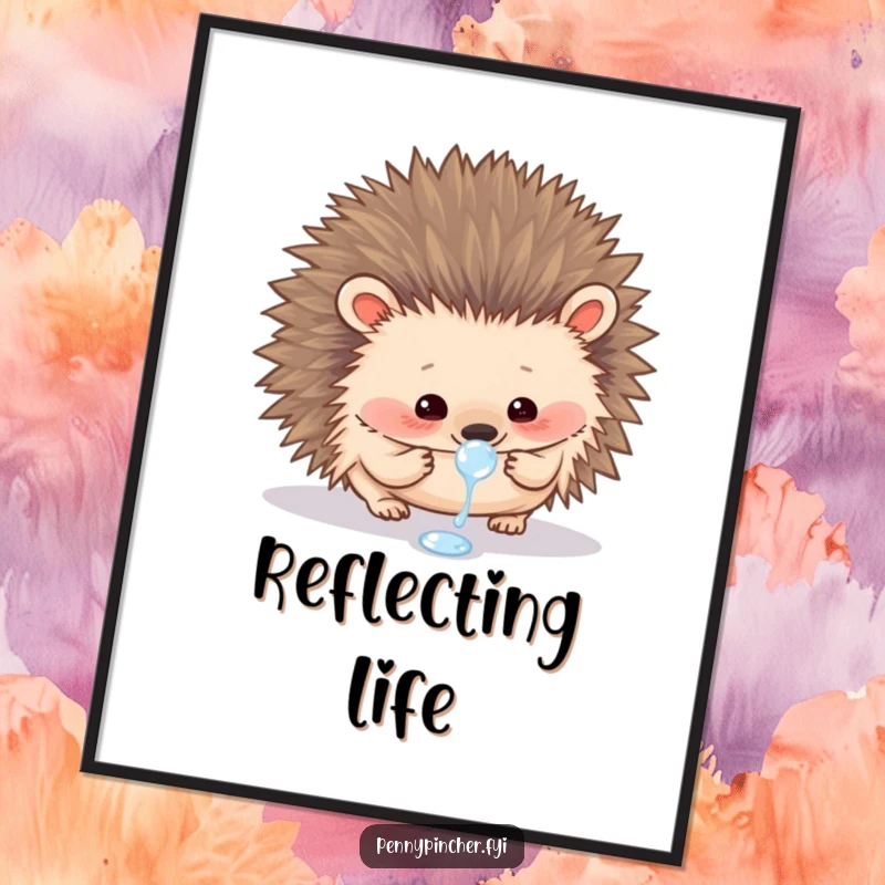 Funny digital art print of a curious hedgehog carefully examining a single dewdrop, ready to print.