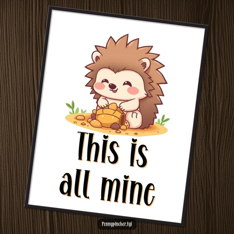 Funny Hedgehog Digital Art Print: A joyful hedgehog character stands guard over a glittering pile of treasure, radiating contentment. Wall-worthy funny gift!