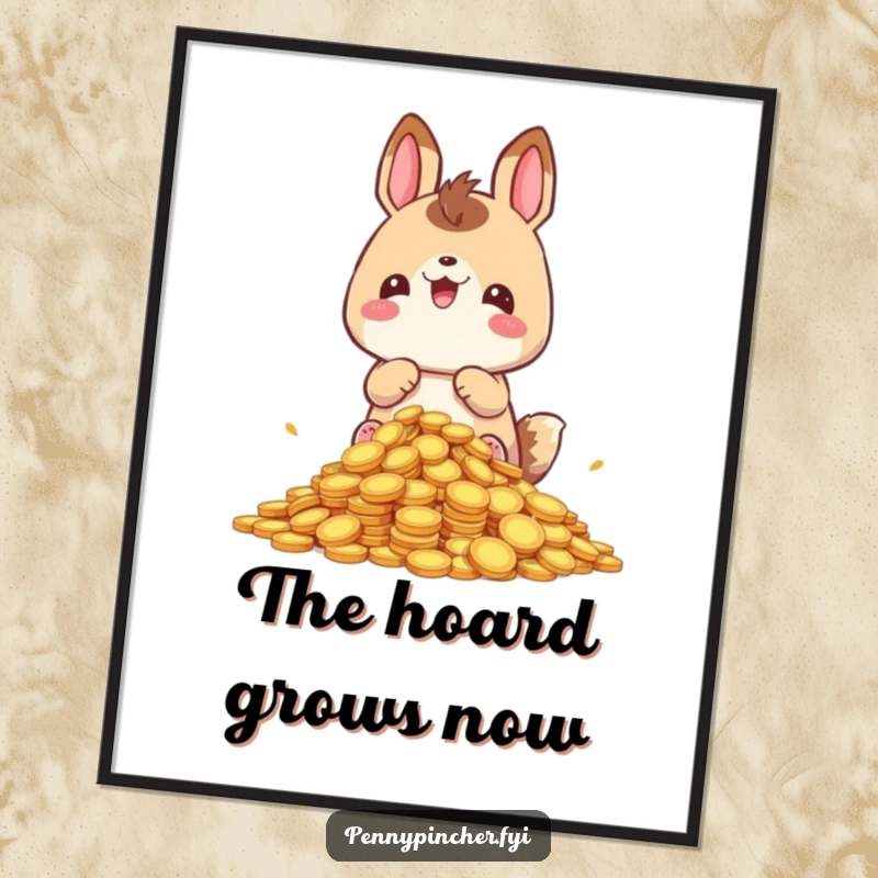 Funny hoarding animal digital art print, gleefully surrounded by a mountain of coins, a high-resolution humorous artwork.