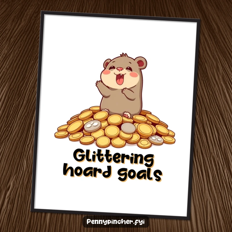 Funny digital art of a joyful mole emerging triumphantly from a large pile of shiny coins, symbolizing abundance and happiness.