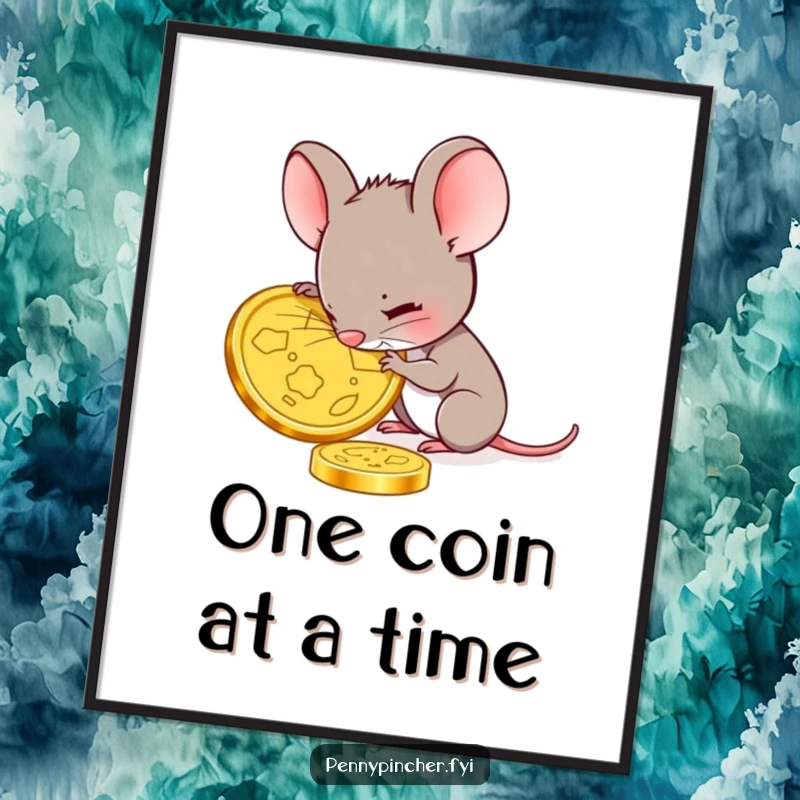 Funny mouse digital art print of a small mouse carefully examining a large gold coin, perfect for wall decor symbolizing focus and appreciation.