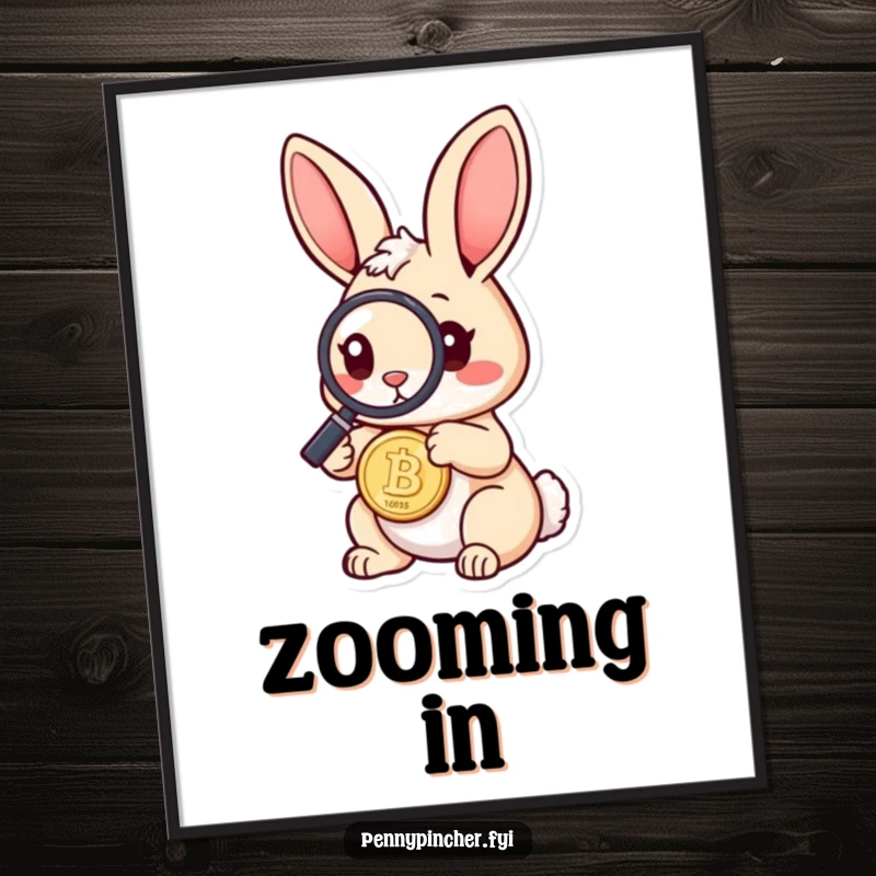 Funny rabbit digital art print of a curious rabbit character using a magnifying glass to inspect a coin, adding a humorous and investigative touch.