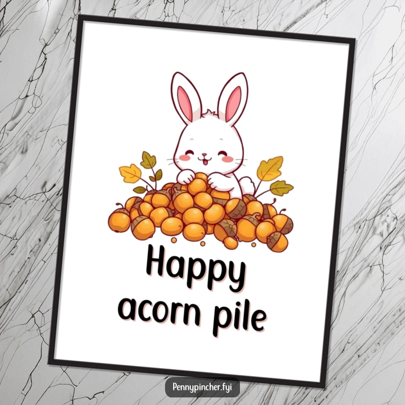 Funny Rabbit Digital Art Print: Features a happy rabbit character counting a pile of golden acorns, ideal for decor.