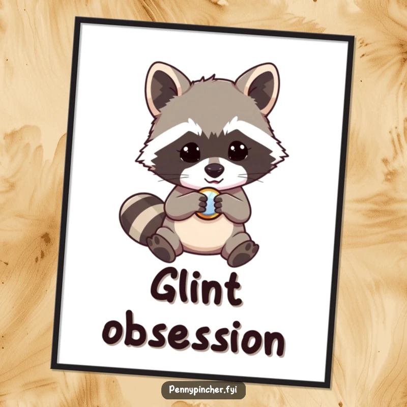 Funny raccoon digital art print, a mischievous character intently examining a shiny button, instant humorous decor download.