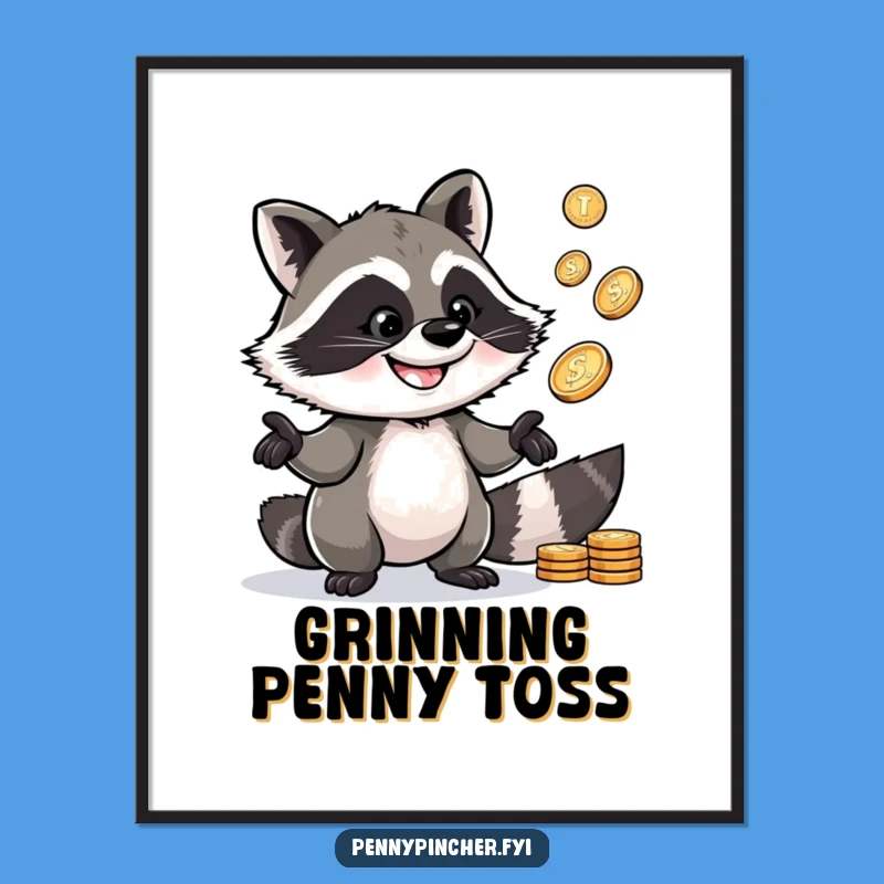Funny Raccoon Digital Print: Raccoon w/ pennies, instant funny art gift.
