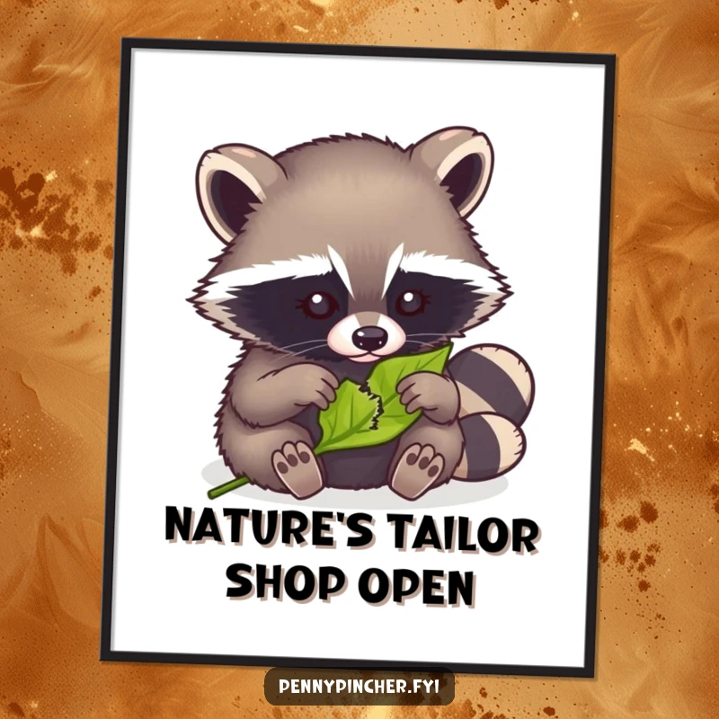 Funny digital art print of a clever raccoon meticulously mending a tiny torn leaf, a charming illustration.