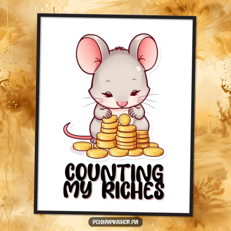 Funny digital art print of a shy mouse character carefully counting a small pile of coins, conveying a humorous sense of thrift and quiet determination.
