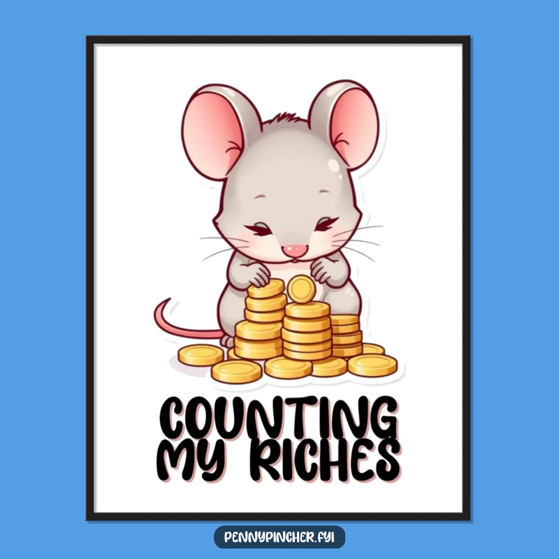 Funny Shy Mouse Counting Coins Digital Art Print: Hilarious Wall Decor for a Budget-Conscious Home