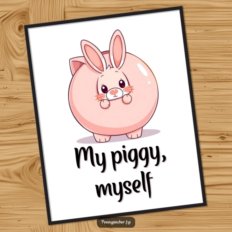 Funny shy rabbit peeking from behind a giant piggy bank, a downloadable digital art print for humor.