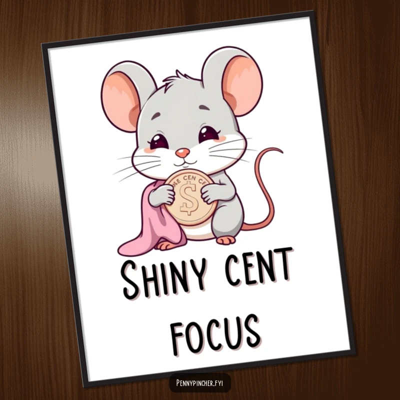 Funny smug mouse character digital art print, polishing a cent, exuding wealth and dry humor.
