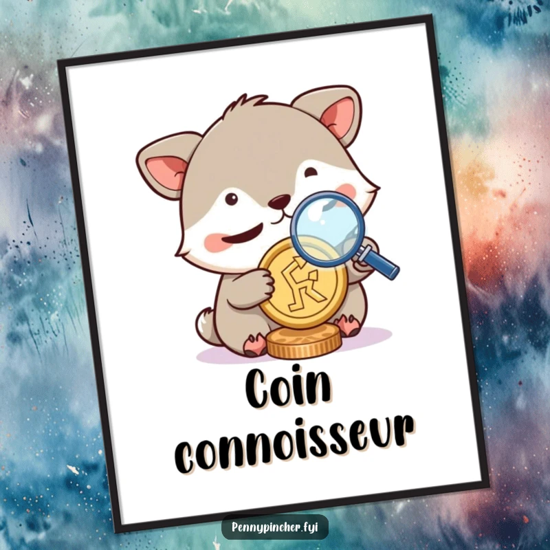 Funny digital art print, animal character squinting with a magnifying glass over a coin, a humorous illustration of detailed examination for printable decor.