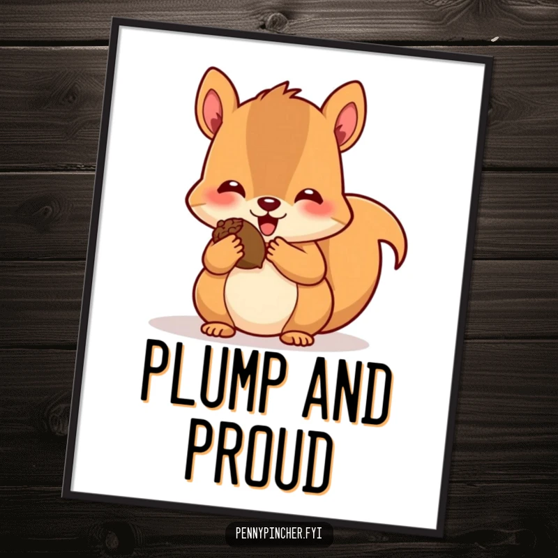 Funny digital art print of a cute squirrel character gleefully stuffing its cheeks with acorns, looking extremely pleased and happy.