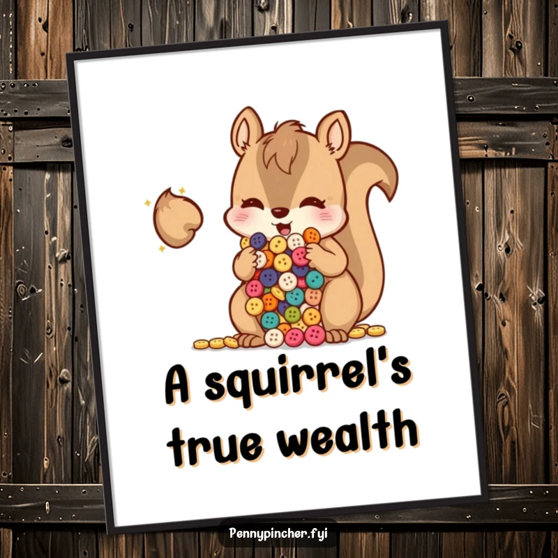 Funny squirrel with cheeks stuffed full of shiny buttons, a high-resolution digital download.