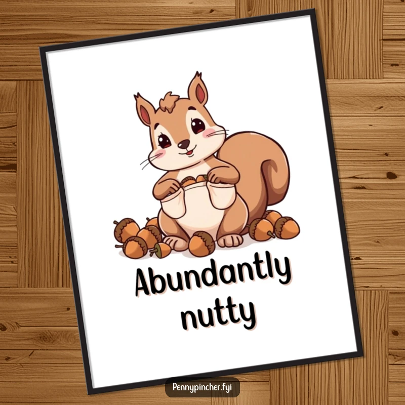 Funny digital art print of a squirrel character hoarding acorns with comically oversized pockets, great for witty decor.