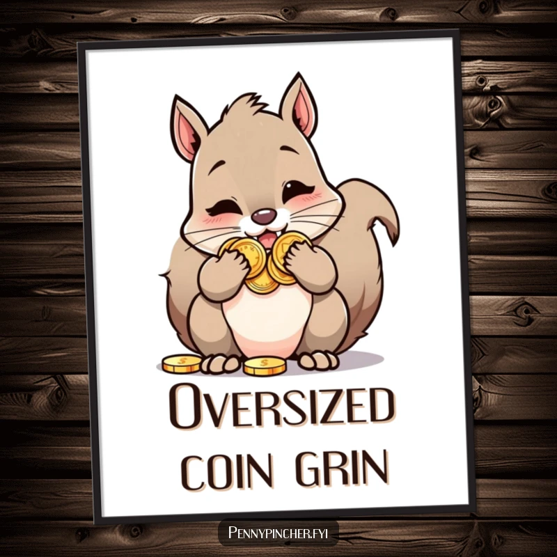 Funny Squirrel Digital Art Print: Features a squirrel character with its cheeks stuffed full of shiny coins, ideal for decor.