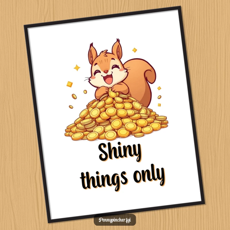 Funny squirrel digital art print of an ecstatic squirrel with a massive pile of shiny coins, perfect for wall decor symbolizing wealth and ambition.