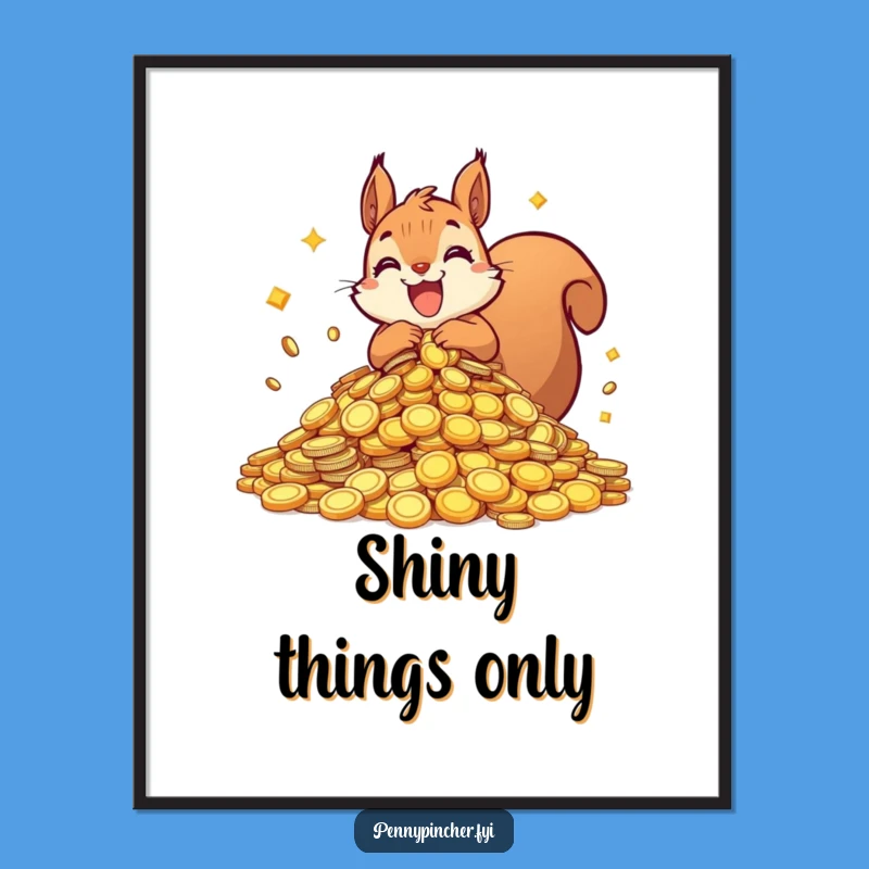 Funny Squirrel Hoarding Digital Print: Shiny Coins Wall Art