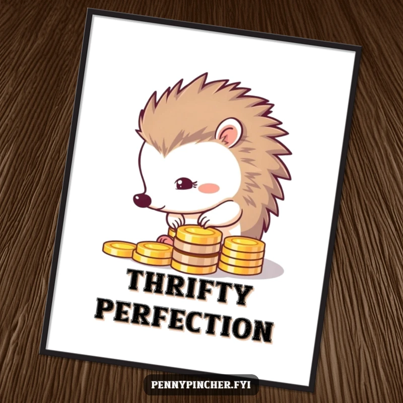Funny digital art of a thrifty hedgehog meticulously lining up a row of shiny coins, symbolizing order and thrift.