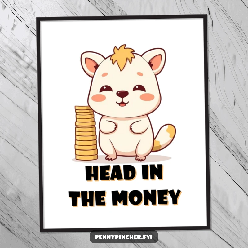 Funny Digital Art Print: A highly determined animal character expertly balances a stack of shiny coins on its nose.