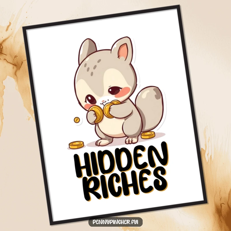 Funny Digital Art Print of a sly animal character with coins hidden behind its back, bringing playful mischief and humor to any room.