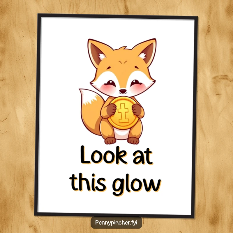 Funny digital art print of a proud fox character polishing a shiny gold coin, symbolizing prosperity and wit.