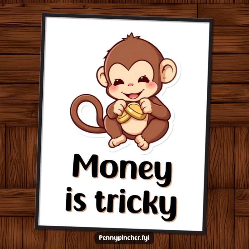 Funny Digital Art Print of a monkey character attempting to tie a knot in a coin, representing playful ingenuity.