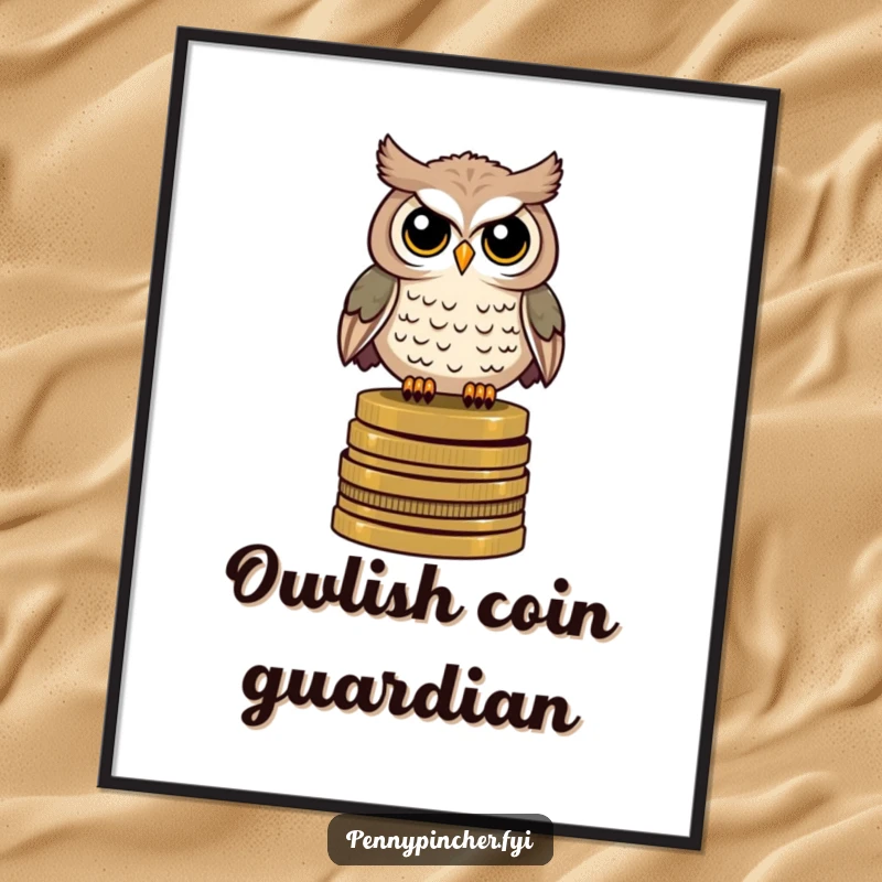 Funny digital art print of a watchful owl character perched on a stack of antique coins, perfect wall decor.