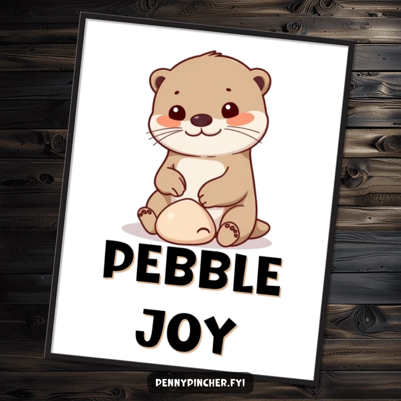 Funny otter digital art print, a cheerful character playing with a small smooth pebble, instant humorous decor.