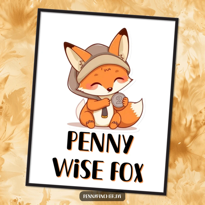 Funny Kawaii fox digital art print of a character carefully examining a single coin, ideal for humorous decoration and celebrating wit.
